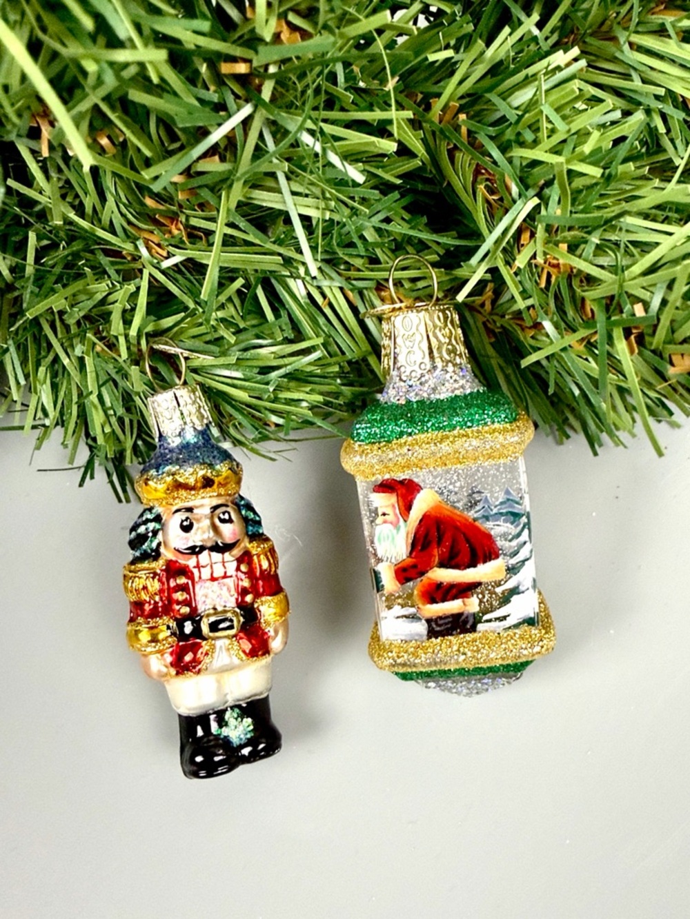 Two Mini Old World Christmas Glass Ornaments Santa Lantern and Nutcracker 2,5"